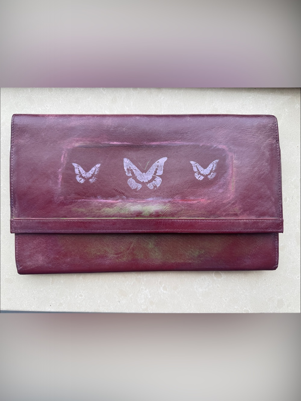 Handcrafted Maroon Leather Clutch with Butterfly Motif